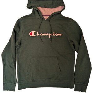 Champion Hoodie Sweatshirt Men's Medium Green Heavyweight Script Big Logo